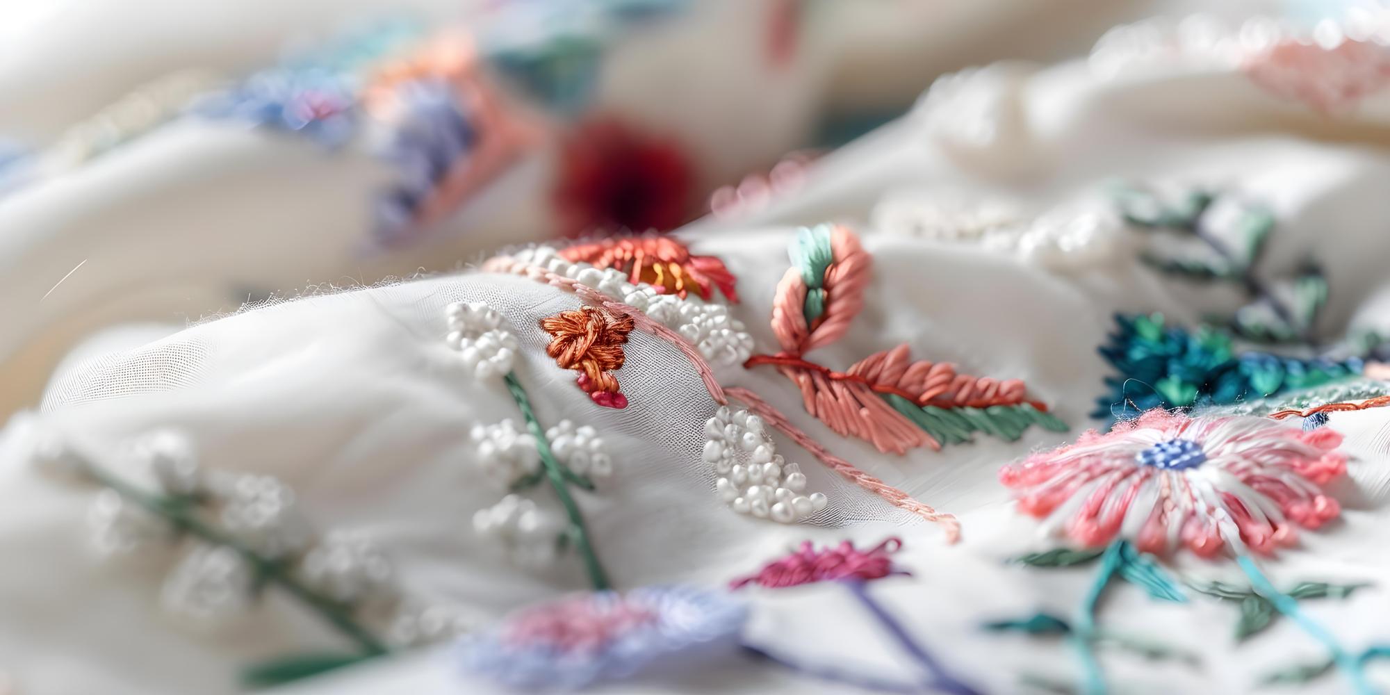 Broderie florală pe stofă naturală